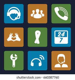 Support icons set. set of 9 support filled icons such as ribbon, wrench, heart tag, call, operator, support, user group, headset