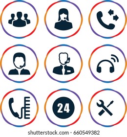 Support icons set. set of 9 support filled icons such as call, wrench and screwdriver, user group, headset, phone