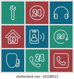 Support icons set. set of 9 support outline icons such as headset, call, family home, wrench