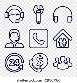 Support icons set. set of 9 support outline icons such as wrench, headset, operator, call, family home