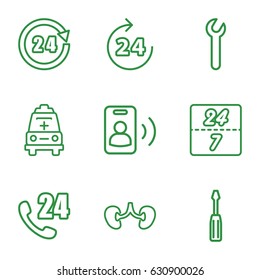 Support icons set. set of 9 support outline icons such as 24 hours, screwdriver, kidney, ambulance, call, wrench, 24 7 hour