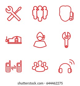 Support icons set. set of 9 support outline icons such as wrench, vice clamp, wrench and screwdriver, connected phone, user group, headset, support