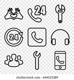 Support icons set. set of 9 support outline icons such as wrench, heart tag, headset, call, 24 hours, user group, 24 hours support