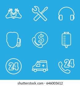 Support icons set. set of 9 support outline icons such as wrench and screwdriver, drop counter, heart tag, headset, ambulance