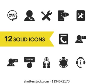 Support icons set with call center, help tool and help service elements. Set of support icons and workshop concept. Editable vector elements for logo app UI design.