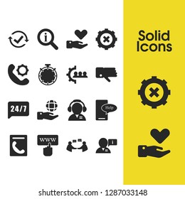 Support icons set with call with gear, timer and help user elements. Set of support icons and repairing concept. Editable vector elements for logo app UI design.