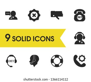 Support icons set with call with gear, headphone manager and lifebuoy elements. Set of support icons and thumb down concept. Editable vector elements for logo app UI design.