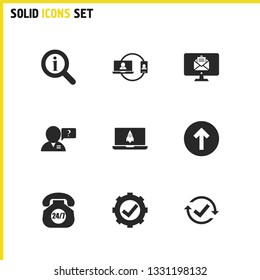 Support icons set with cloud, support telephone and loupe helper elements. Set of support icons and upload concept. Editable vector elements for logo app UI design.