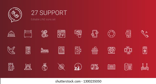 support icons set. Collection of support with cargo, ambulance, hours, collision, global online, teamwork, smartphone, shop, manual, ship. Editable and scalable support icons.