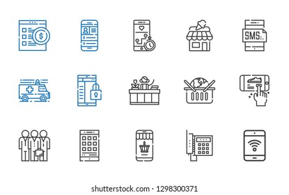 support icons set. Collection of support with mobile phone, telephone, online shopping, smartphone, teamwork, receptionist, ambulance, shop. Editable and scalable support icons.