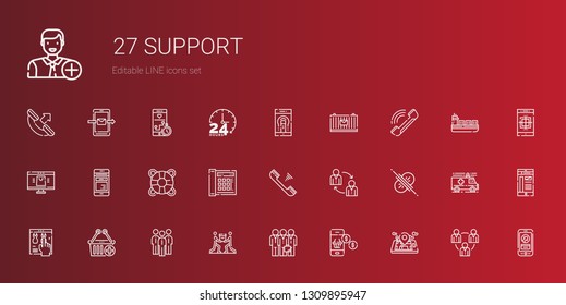 support icons set. Collection of support with mobile phone, smartphone, teamwork, group, e commerce, online shop, collision, telephone, lifesaver. Editable and scalable support icons.