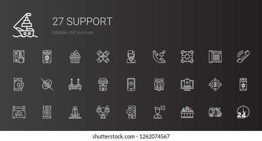 support icons set. Collection of support with receptionist, remove user, smartphone, teamwork, user experience, toolbox, online shopping. Editable and scalable support icons.