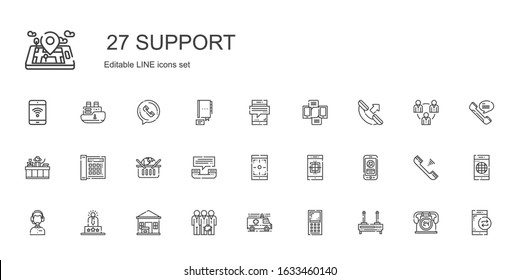 support icons set. Collection of support with router, mobile phone, ambulance, teamwork, package delivered, user experience, customer service. Editable and scalable support icons.