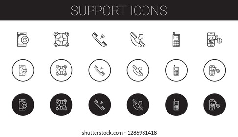 support icons set. Collection of support with smartphone, lifesaver, telephone, phone call, cellphone. Editable and scalable support icons.