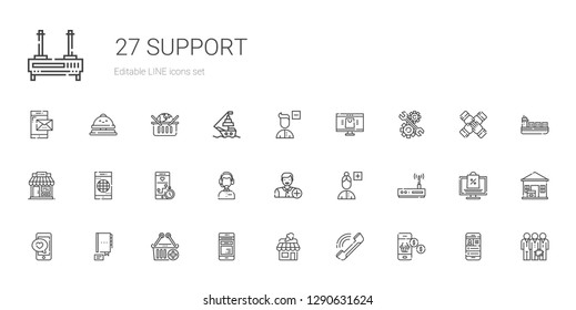 support icons set. Collection of support with smartphone, phone, shop, mobile phone, e commerce, contact, router, add user, customer service. Editable and scalable support icons.