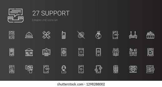 support icons set. Collection of support with smartphone, customer service, group, online shopping, package delivered, mobile phone, global online. Editable and scalable support icons.