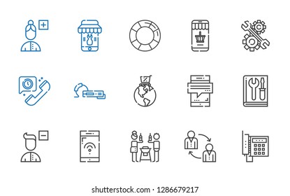 support icons set. Collection of support with telephone, teamwork, friends, smartphone, remove user, manual, global online, earphone, development. Editable and scalable support icons.