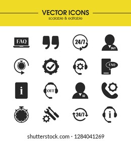 Support icons set with document support, manager and operator tool elements. Set of support icons and information concept. Editable vector elements for logo app UI design.