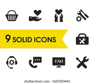 Support icons set with hand with heart, suitcase tool, operator tool elements. Set of support icons and hand with heart concept. Editable vector elements for logo app UI design.
