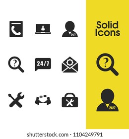 Support icons set with help 24/7, rocket notebook and user chats elements. Set of support icons and laptop concept. Editable vector elements for logo app UI design.