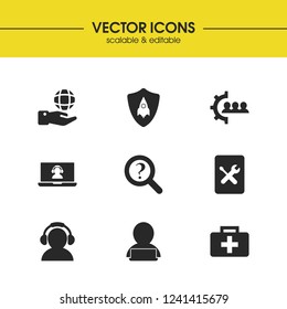 Support icons set with help case, shield rocket and loupe help elements. Set of support icons and doctor bag concept. Editable vector elements for logo app UI design.