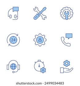 Support icons set. Line Duotone style, editable stroke. support, chronometer, customer support, hours, gear, management, technical.