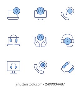 Support icons set. Line Duotone style, editable stroke. customer support, computer, settings, care, laptop, online support, hands, hours support.