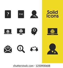 Support icons set with loupe helper, document faq and user gear elements. Set of support icons and email concept. Editable vector elements for logo app UI design.