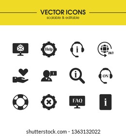 Support icons set with loupe helper, lifebuoy and operator helper elements. Set of support icons and online concept. Editable vector elements for logo app UI design.