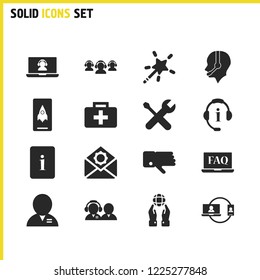 Support icons set with manager world, faq notebook and dislike elements. Set of support icons and protection concept. Editable vector elements for logo app UI design.