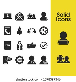 Support icons set with mobile faq, rocket and operator 24/7 elements. Set of support icons and leader concept. Editable vector elements for logo app UI design.