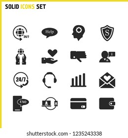 Support icons set with purse, manager world and care elements. Set of support icons and help service concept. Editable vector elements for logo app UI design.
