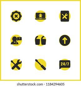 Support icons set with quotation, book tools and manager for help elements. Set of support icons and toolbox concept. Editable vector elements for logo app UI design.