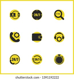 Support icons set with reset 24/7, loupe faq and compass elements. Set of support icons and wallet concept. Editable vector elements for logo app UI design.