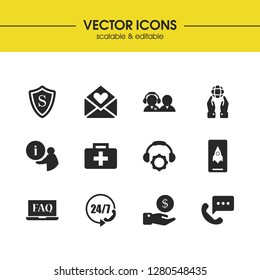 Support icons set with rocket mobile, taking operator, hand money elements. Set of support icons and options concept. Editable vector elements for logo app UI design.