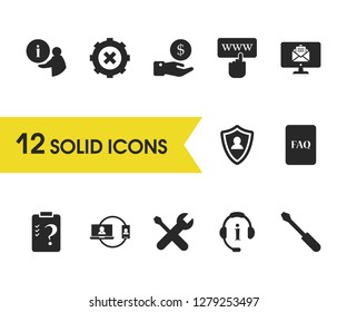 Support icons set with shield manager, question list and screwdriver elements. Set of support icons and cursor concept. Editable vector elements for logo app UI design.