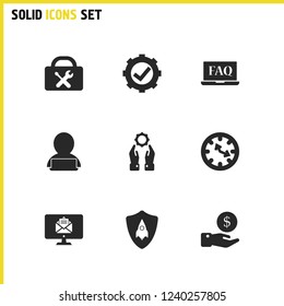 Support icons set with suitcase tool, checkbox gear, hand with gear elements. Set of support icons and working concept. Editable vector elements for logo app UI design.