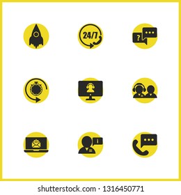Support icons set with taking operator, support for monitor and timer reset elements. Set of support icons and ask concept. Editable vector elements for logo app UI design.