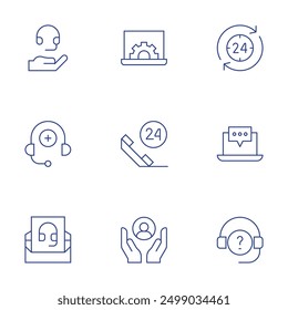 Support icons set. Thin Line style, editable stroke. support, medical support, mechanism, headset, email, care, call, customer, hours.