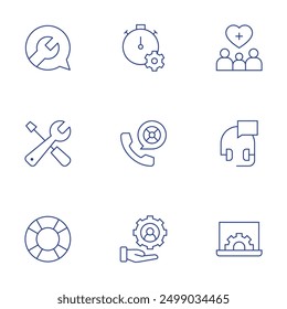 Unterstützungs-Icons eingestellt. Stil der dünnen Linie, bearbeitbarer Strich. Chronometer, Chat, Kundensupport, Einstellungen, Support, Mechanismus.