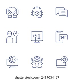 Support icons set. Thin Line style, editable stroke. support, hours, computer, chat, specialist, social care, settings.