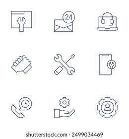 Support icons set. Thin Line style, editable stroke. service, maintenance, mail, laptop, hands, gear, hours support.