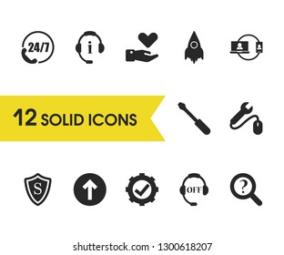 Support icons set with tool help, care and loupe help elements. Set of support icons and upload concept. Editable vector elements for logo app UI design.