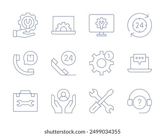 Support icons. Thin Line style, editable stroke. support, mechanism, care, call, customer support, technical, settings, hours.