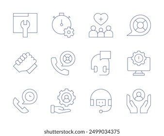 Iconos de Asistencia. Estilo de línea delgada, carrera editable. cronómetro, mantenimiento, manos, Asistencia al cliente, Asistencia de horas, Asistencia, computadora, cuidado.