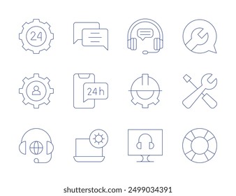 Iconos de Asistencia. Estilo de línea delgada, movimiento editable. horas, chat, Configuraciones, en línea, Asistencia en línea, gestión, mantenimiento, auriculares, Asistencia.