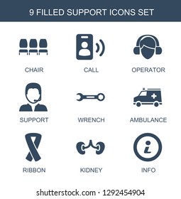 support icons. Trendy 9 support icons. Contain icons such as chair, call, operator, wrench, ambulance, ribbon, kidney, info. support icon for web and mobile.