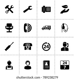 Support icons. vector collection filled support icons. includes symbols such as leaf in hand, wrench hammer, call center, contact book. use for web, mobile and ui design.