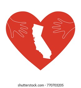Support illustration for charity donation and relief work after wildfires in southern California, Los Angeles county. Helping Hands, Heart shape and California map silhouette. 