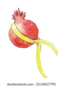 Support Israel, symbol of hope to bring them home, yellow ribbon on the pomegranate, symbol of israeli new year. Watercolor hand drawn vector illustration. Conceptual. Shana tova, am yisrael chai!